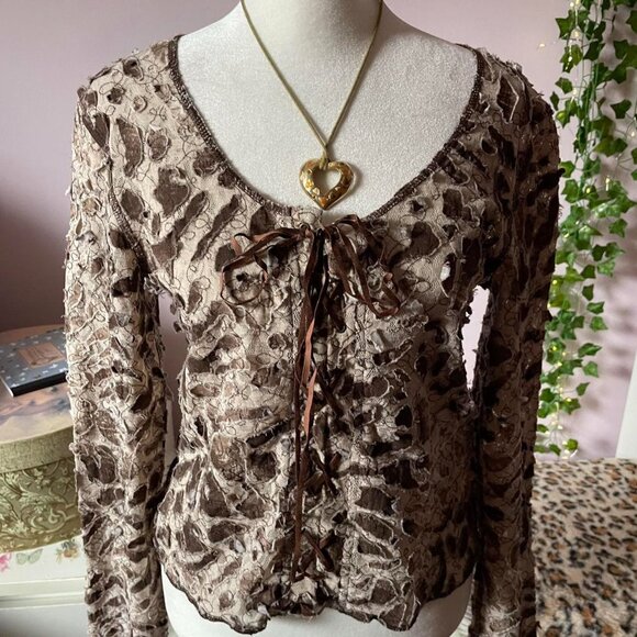 Avantgarde Brown and Cream Textured Lace Up Top - Picture 2 of 8